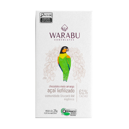 Chocolate Warabu Orgânico 61% Cacau Meio Amargo Açaí Liofilizado Comunidade Urucará AM 70g